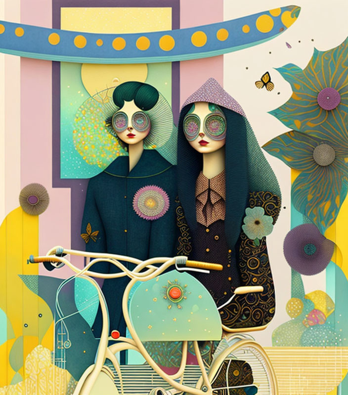 Stylized characters with round sunglasses by bicycle and floral patterns under whimsical arch