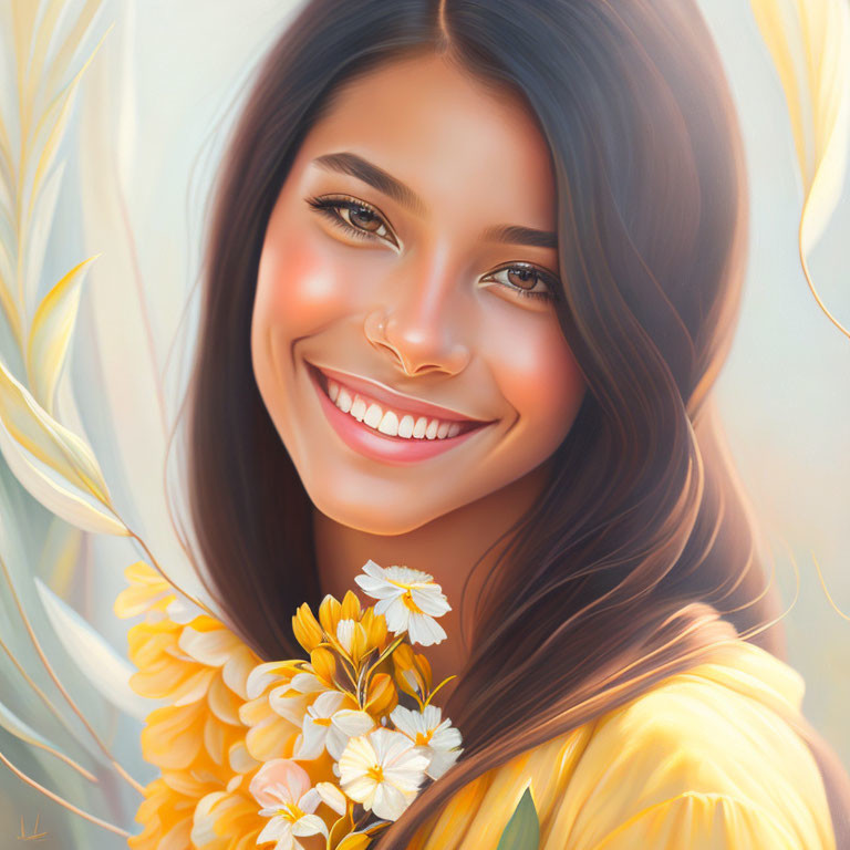 Smiling woman with brown hair and floral adornments on soft background