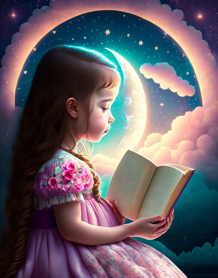 Young girl with braided hair reading book under starry night sky