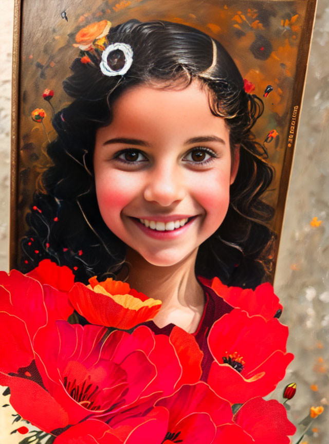 Smiling girl with dark hair in red poppies illustration