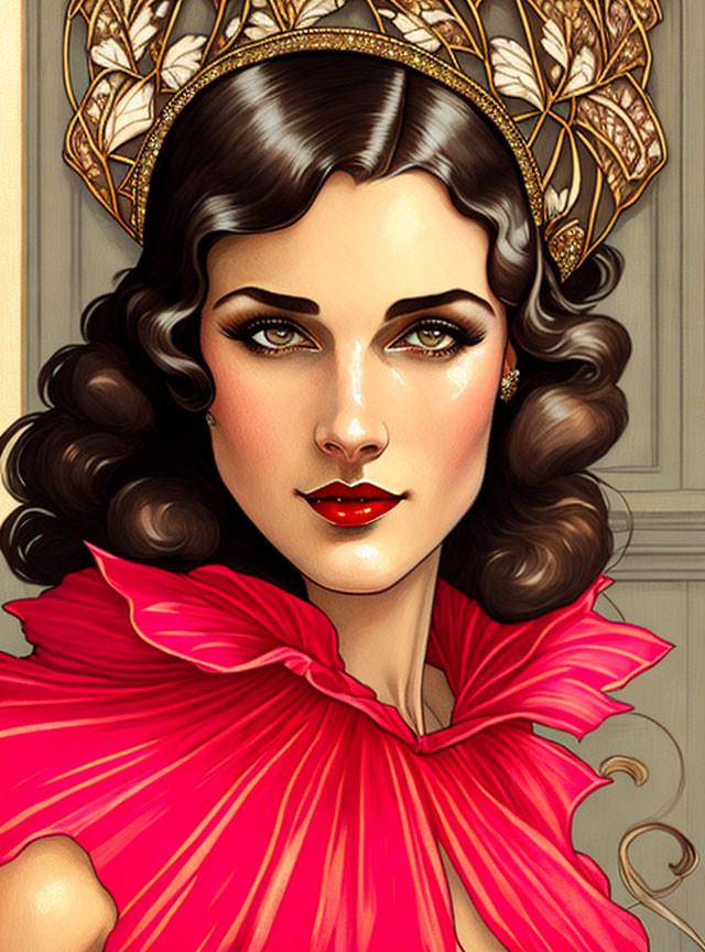 Detailed illustration of woman with wavy hair, golden headpiece, vibrant pink garment