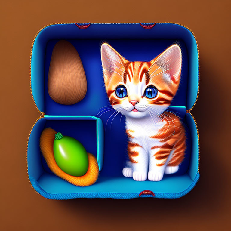 Orange-Striped Kitten, Blue Suitcase, Brown Egg, Green Balloon Illustration