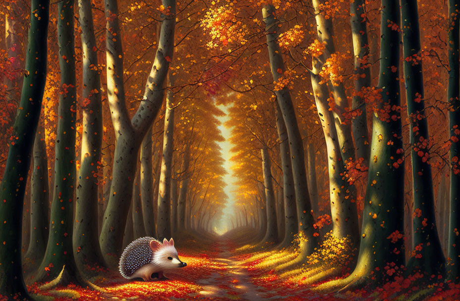 Autumn forest scene with hedgehog and vibrant foliage