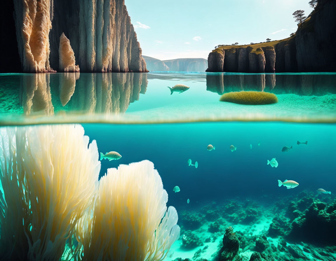 Underwater scene with corals, fish, and towering cliffs above serene water.