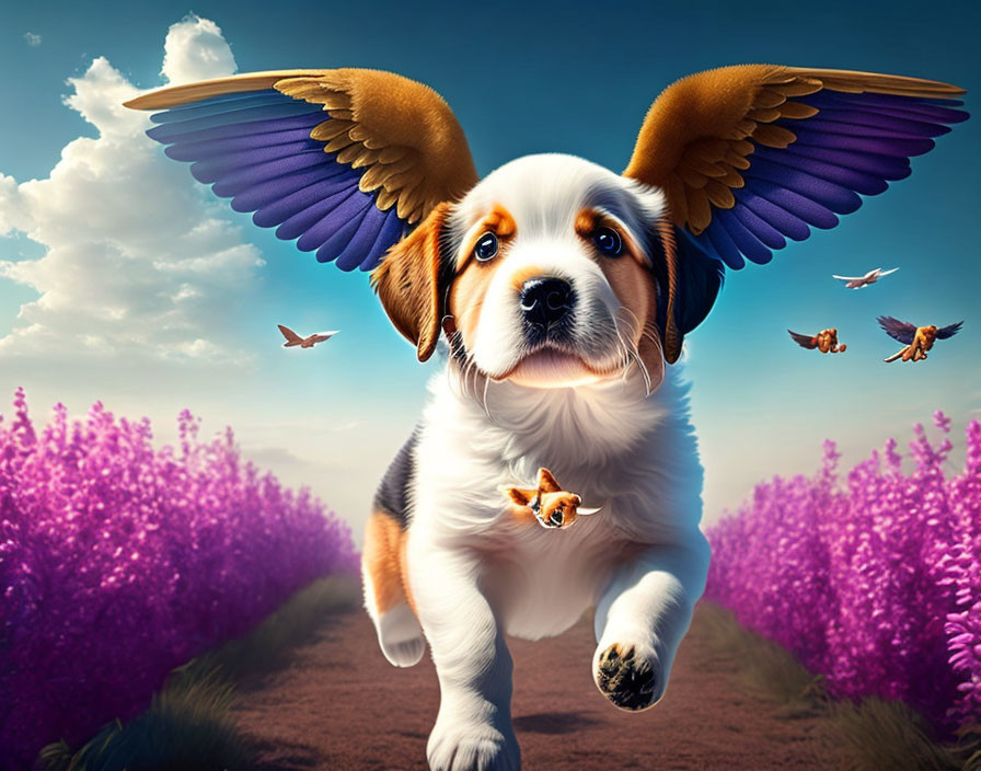 Brown and White Puppy with Golden Wings Flying over Purple Flower Field