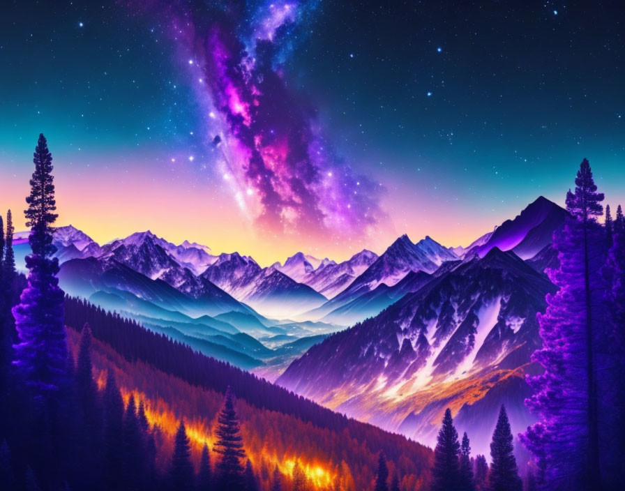 Snow-capped mountains under purple Milky Way and sunset glow