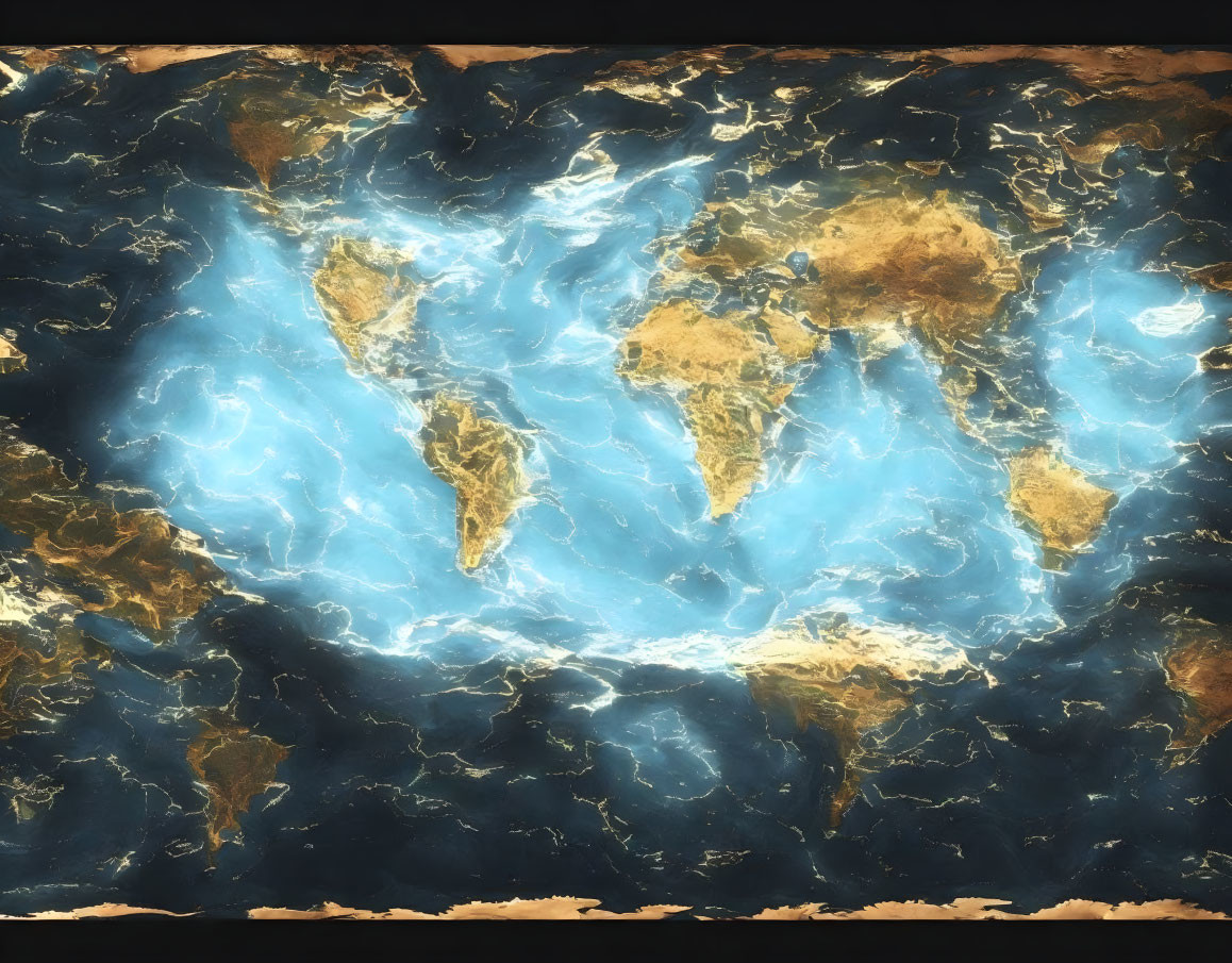 Stylized world map with gold continents and glowing blue oceans in dark border