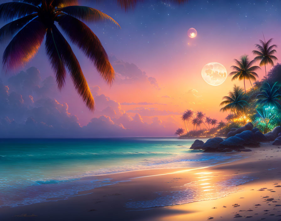 Tropical beach sunset with palm trees, moon, stars, and radiant sky on ocean waves