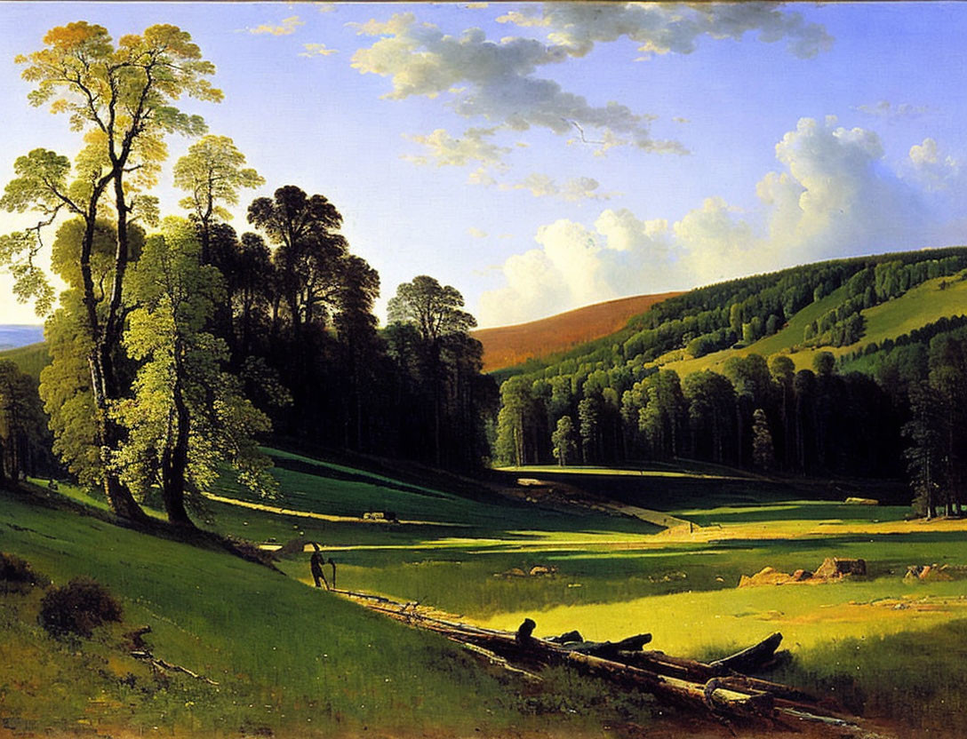 Tranquil landscape: lush valley, rolling hills, figure on fallen log