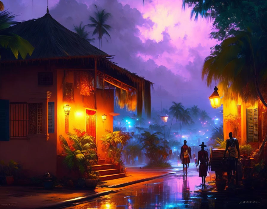 Night scene: Two people walking on wet street under warm lights, purple sky