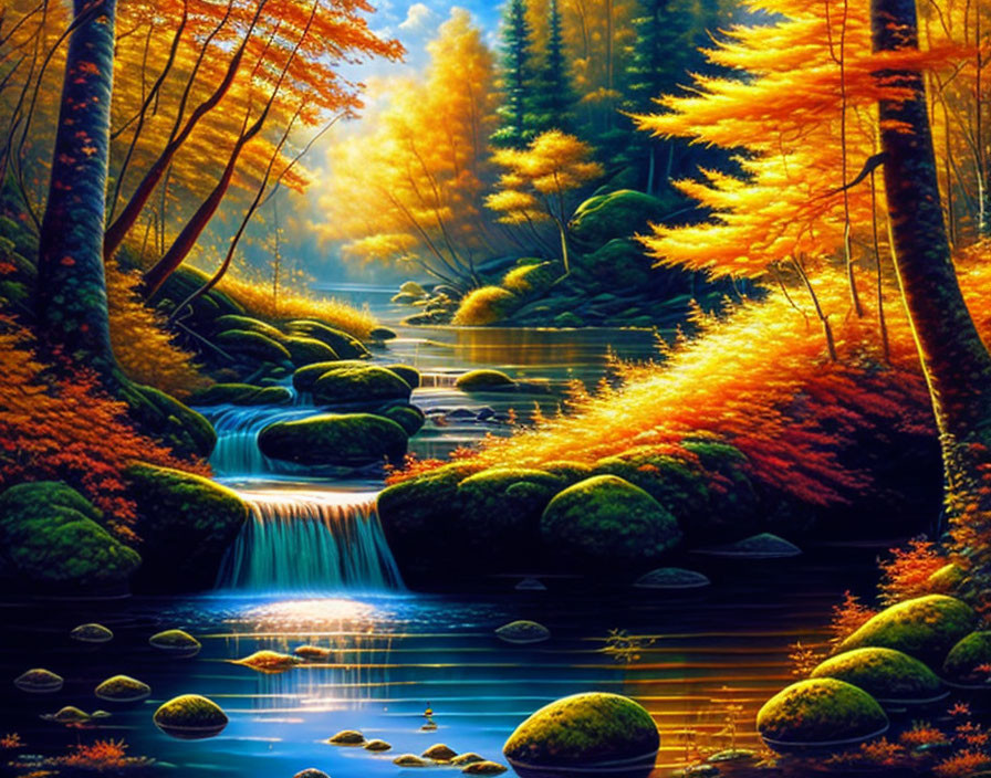 Scenic autumn forest with golden leaves, stream, and sunbeams.