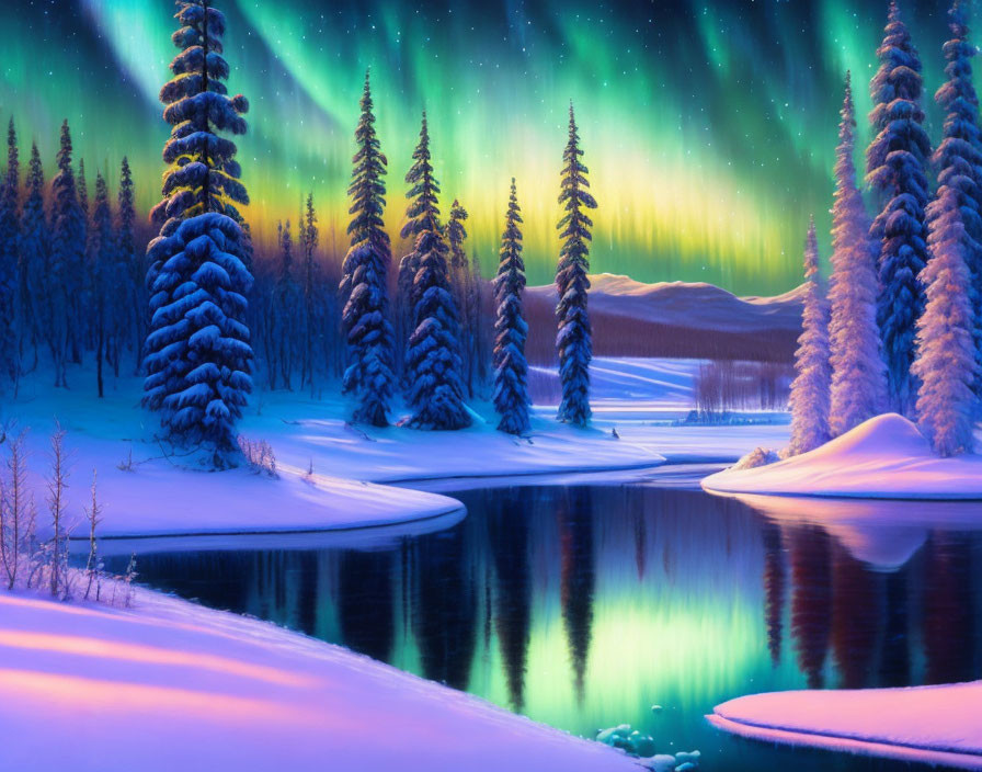 Winter Dusk Landscape: Aurora Borealis, River, Snow-Covered Trees