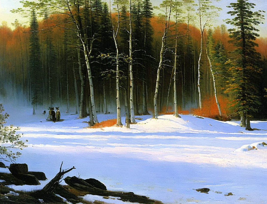 Snow-covered forest with birch trees and figures