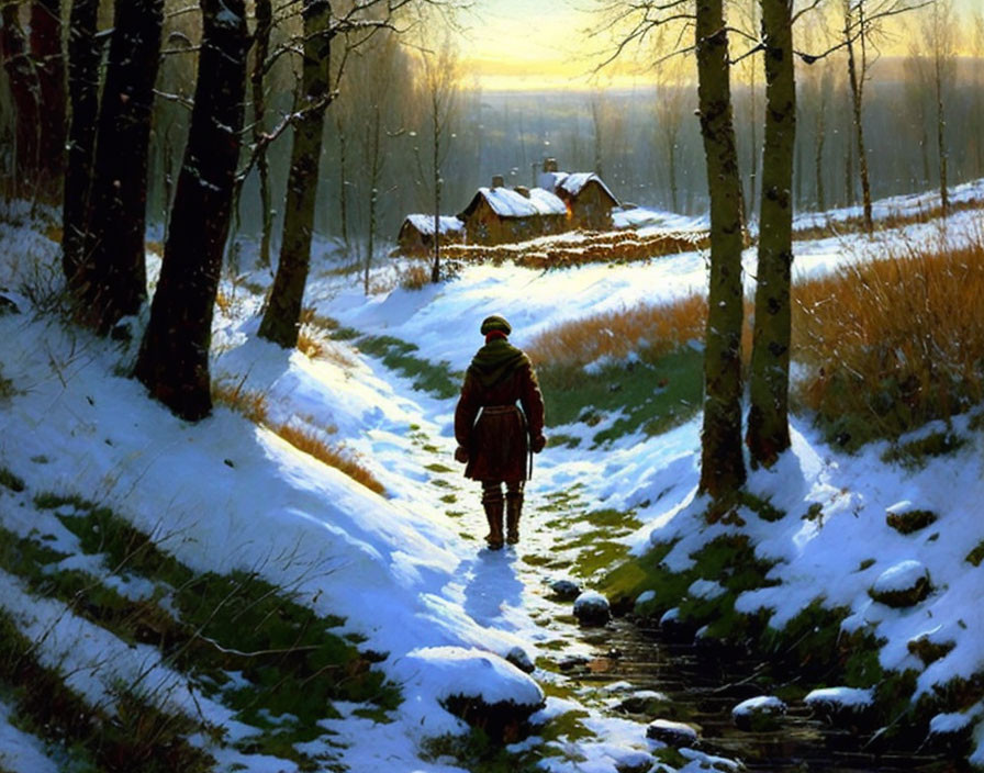 Snowy Path Leading to Cottage in Serene Forest with Golden Sunlight