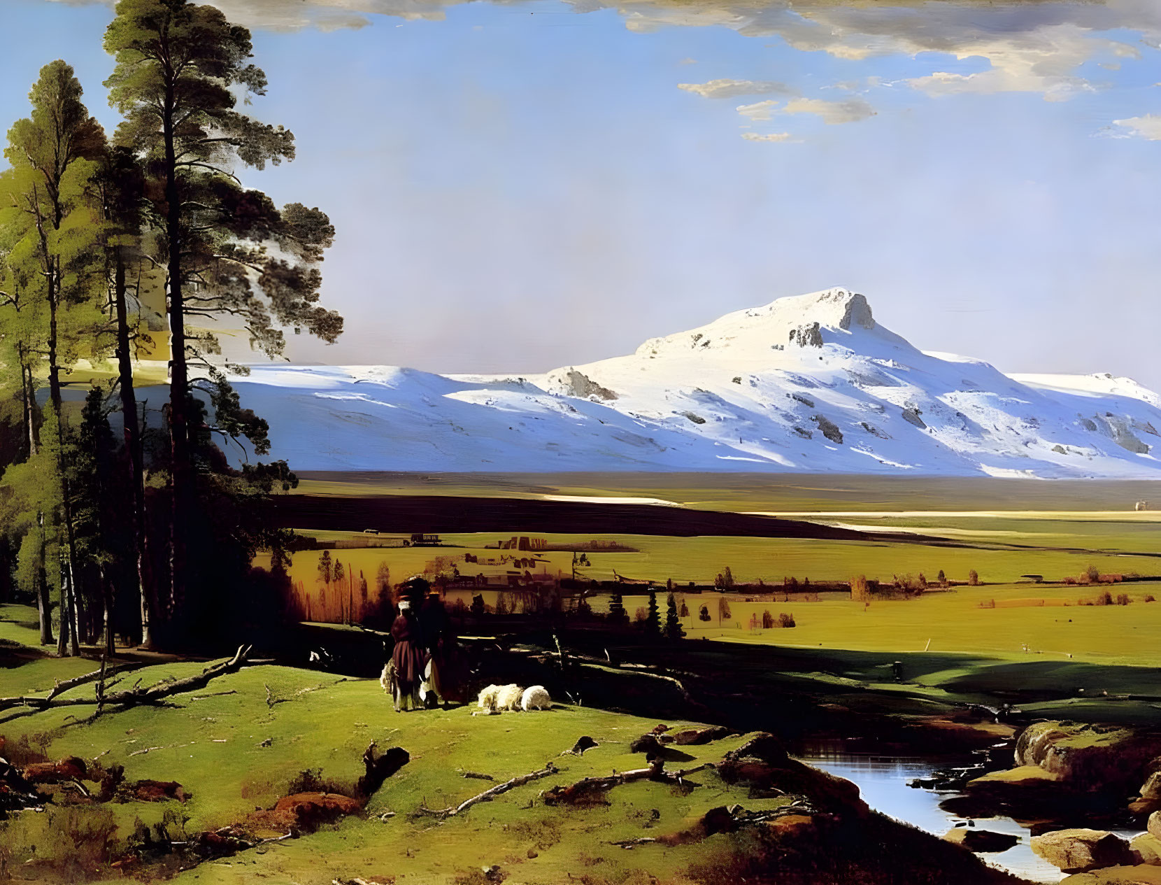 Snow-capped mountains and hunter with dogs in serene landscape