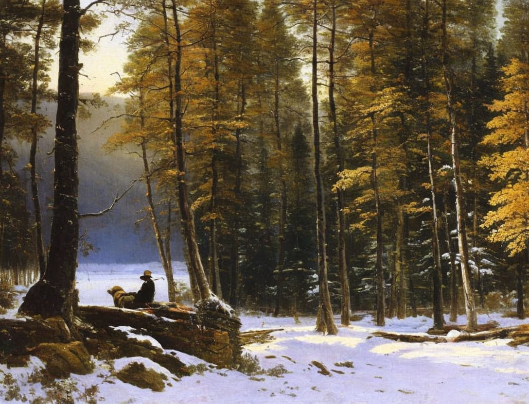 Tranquil autumn forest scene with person and dog on log