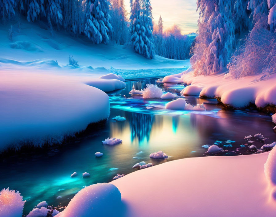 Snow-covered Winter River Scene with Sunset Reflections