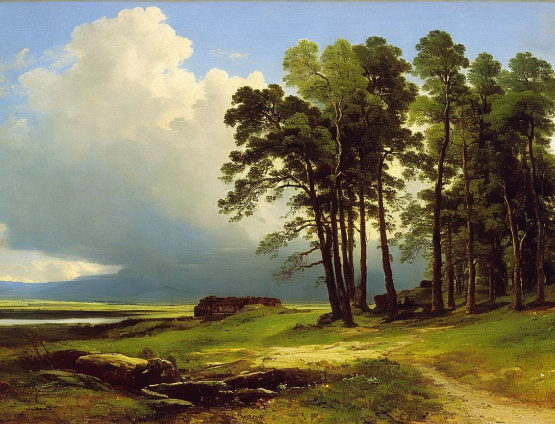 19th-Century Landscape Painting with Tall Trees, Pathway, Meadows, and Mountains