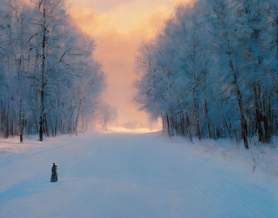 Snowy Road Flanked by Frost-Covered Trees and Solitary Figure