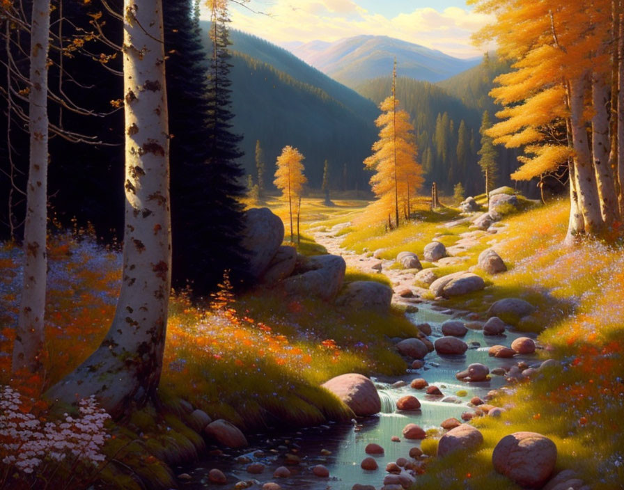 Tranquil Autumn Forest with Golden Foliage, Stream, and Sunbeams