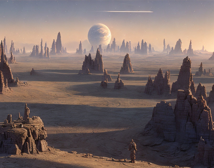 Astronaut on alien desert with towering rocks and planet in sky