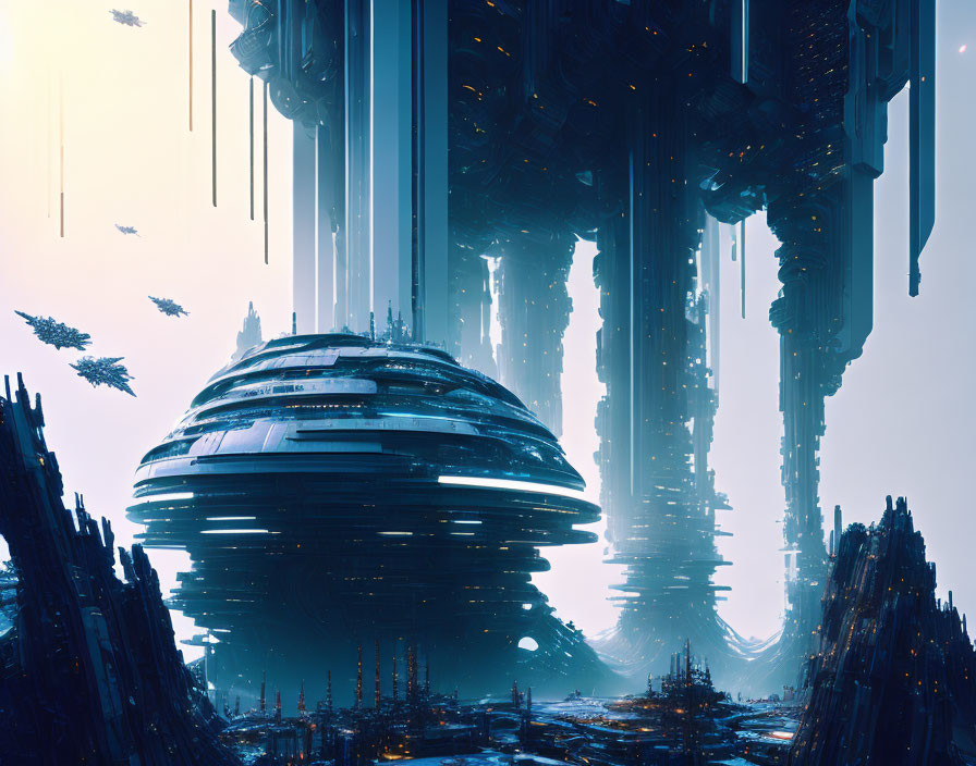 Futuristic Cityscape with Towering Structures and Floating Vehicles in Dominant Blue Color Tone