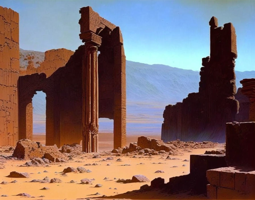 Towering columns in ancient ruins against desert backdrop