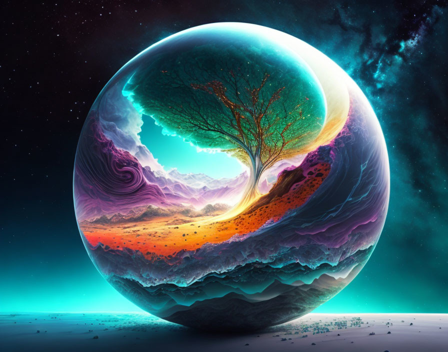 Surreal digital artwork: Oversized planet, lone tree, colorful terrain, sun, starry