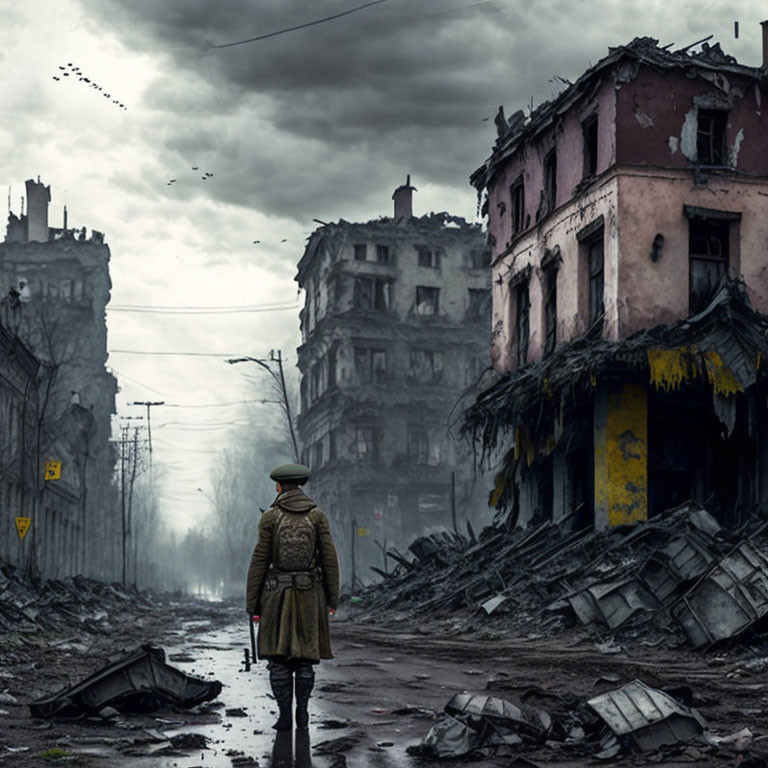 Person standing in ruins under gloomy sky