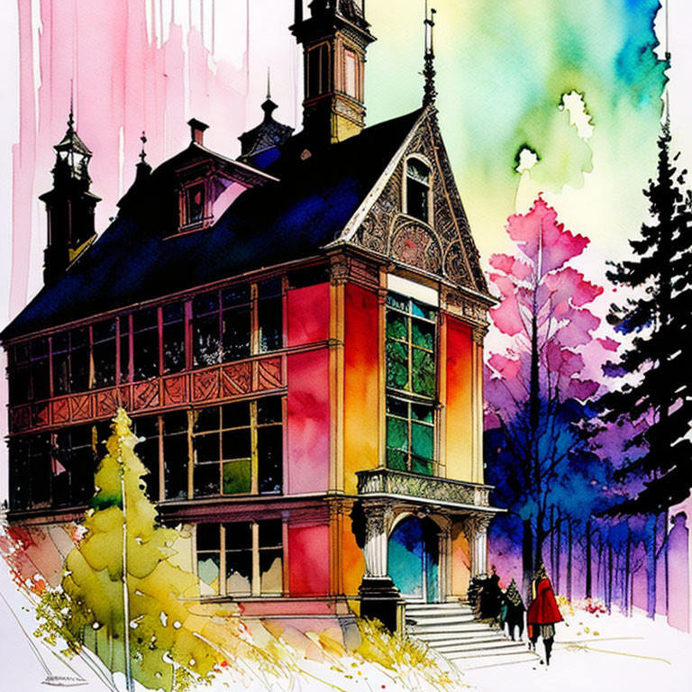 Colorful Watercolor Illustration of Victorian House with Person Walking by Trees & Sky