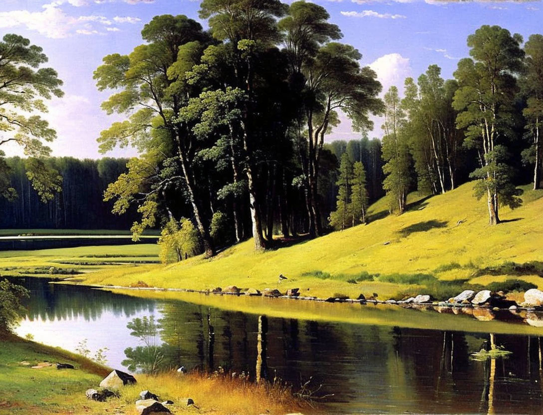 Tranquil landscape with river, trees, grassy slopes, and blue sky