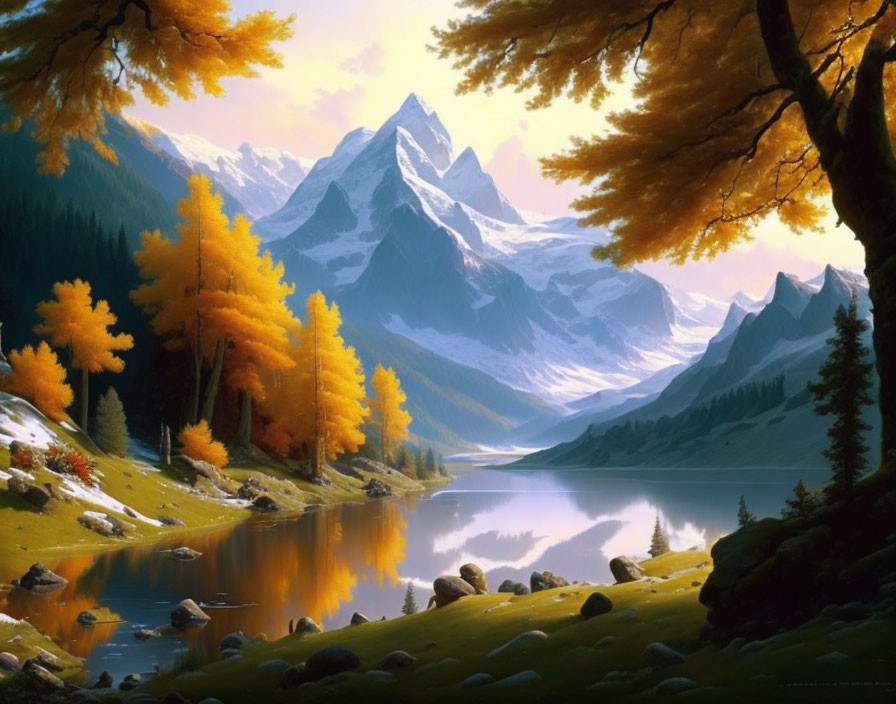 Scenic autumn mountain lake with golden trees and snow-capped peaks