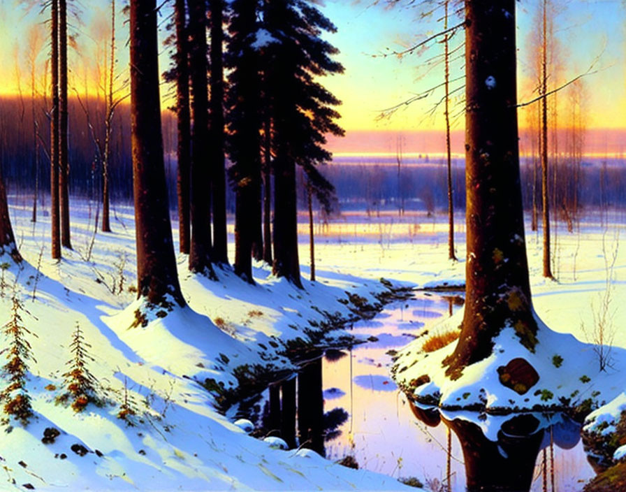 Snow-covered Winter Landscape with Stream and Twilight Colors