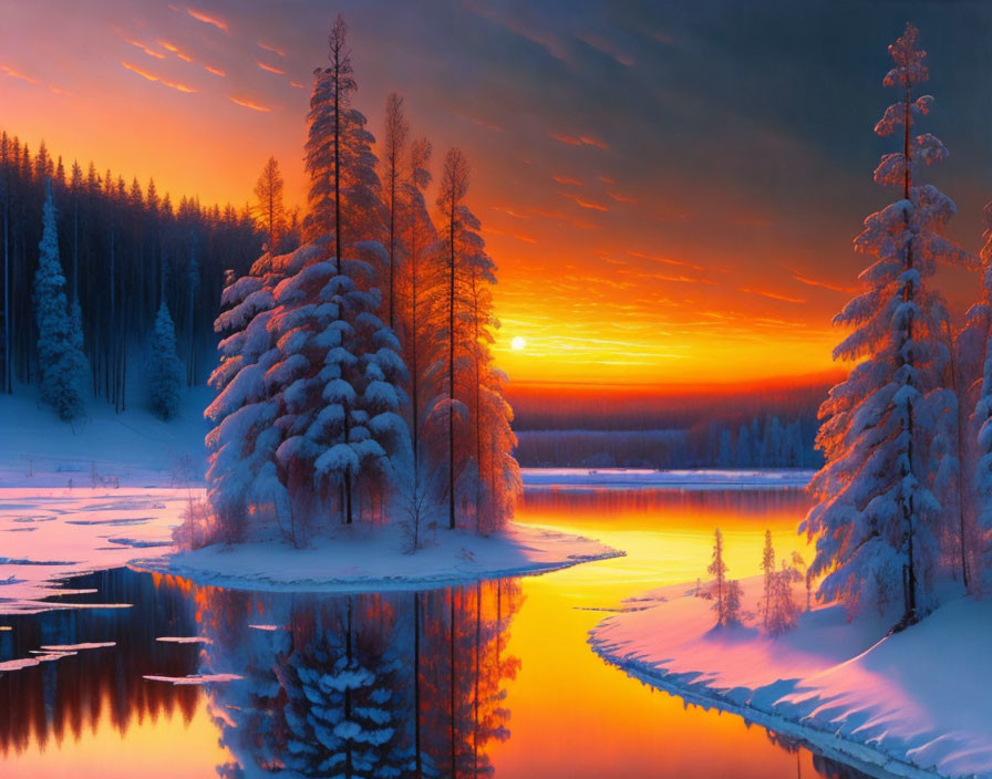 Snowy Landscape with Frost-Covered Trees and Reflective River at Sunset