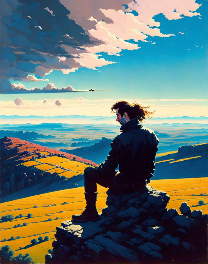 Man overlooking vast golden landscape with small aircraft in the distance