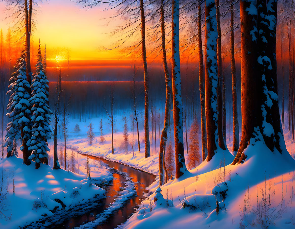 Winter sunset over snow-covered trees and meandering stream