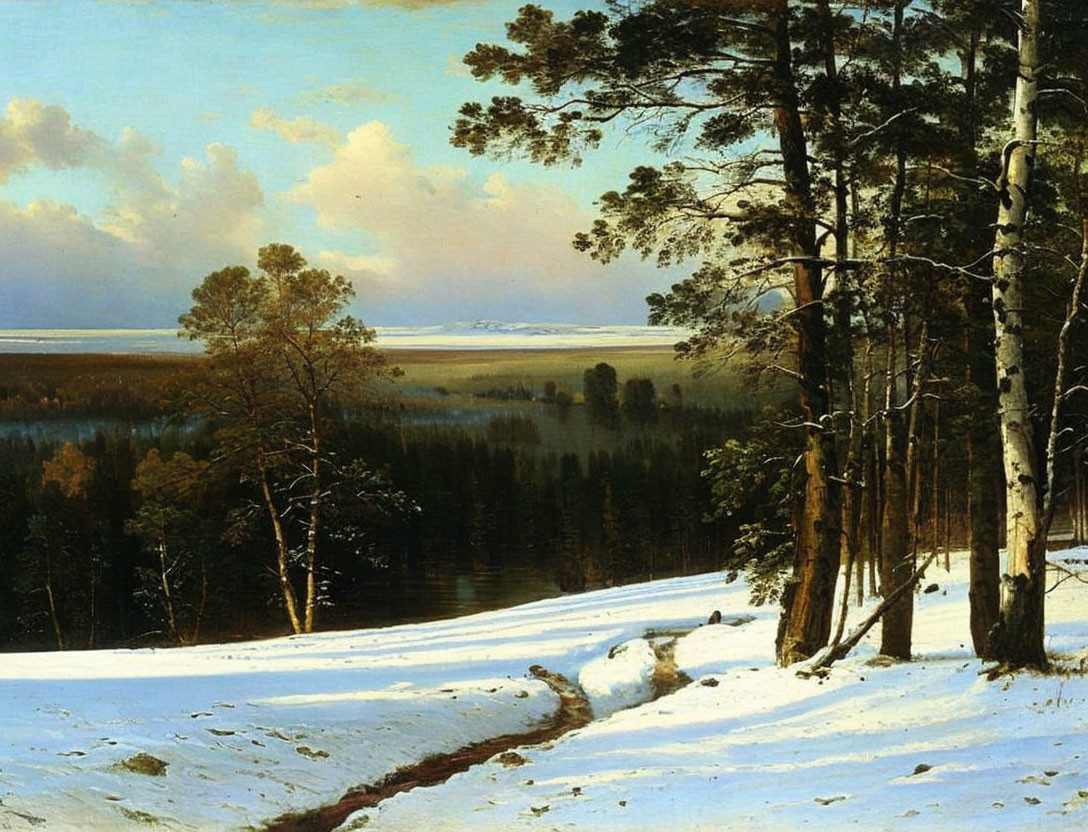 Snow-covered Winter Landscape with Pathway, Pine Trees, and Lake