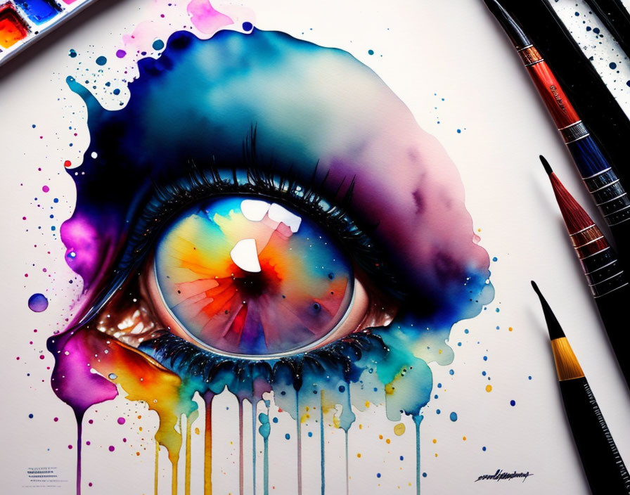 Detailed Watercolor Painting of Colorful Eye with Ink Splatters