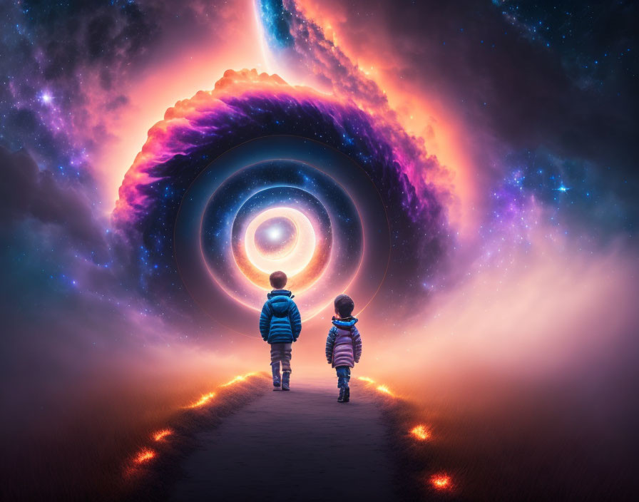 Children walking to cosmic whirlpool in surreal landscape