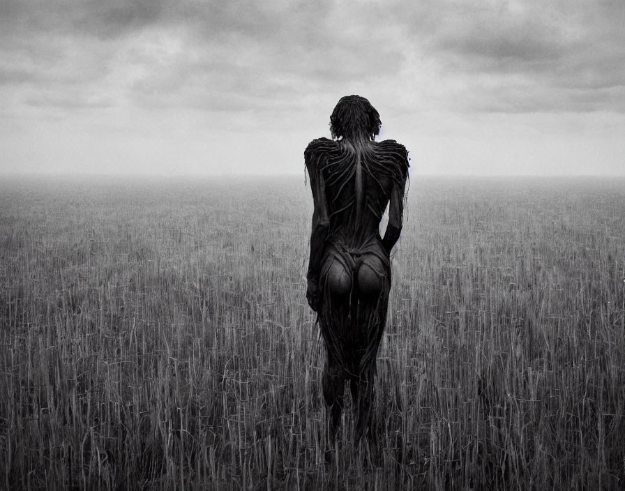 Person with angel wings in desolate field under cloudy sky.