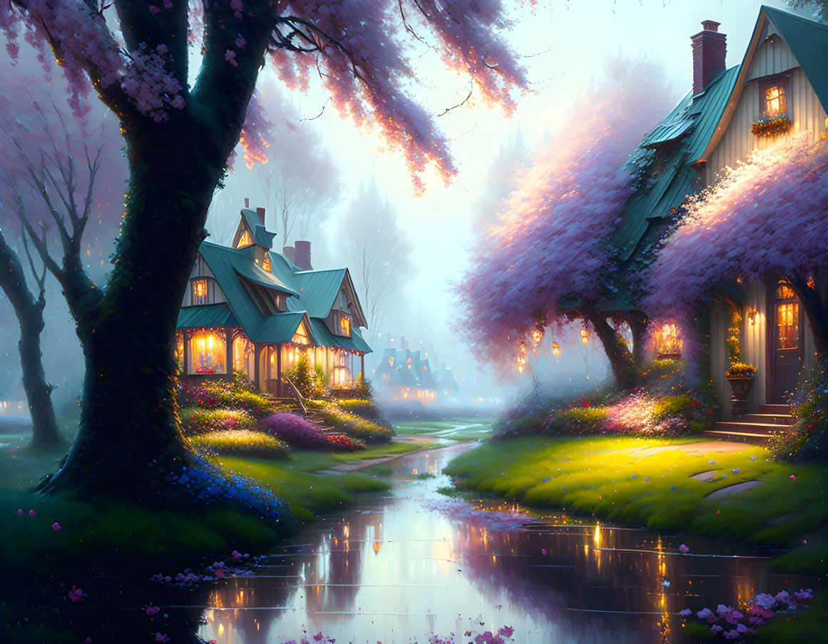 Twilight setting with cozy cottages, cherry tree-lined path, and wet street