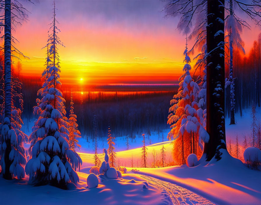 Colorful sunset over snowy forest with coniferous trees and frozen lake