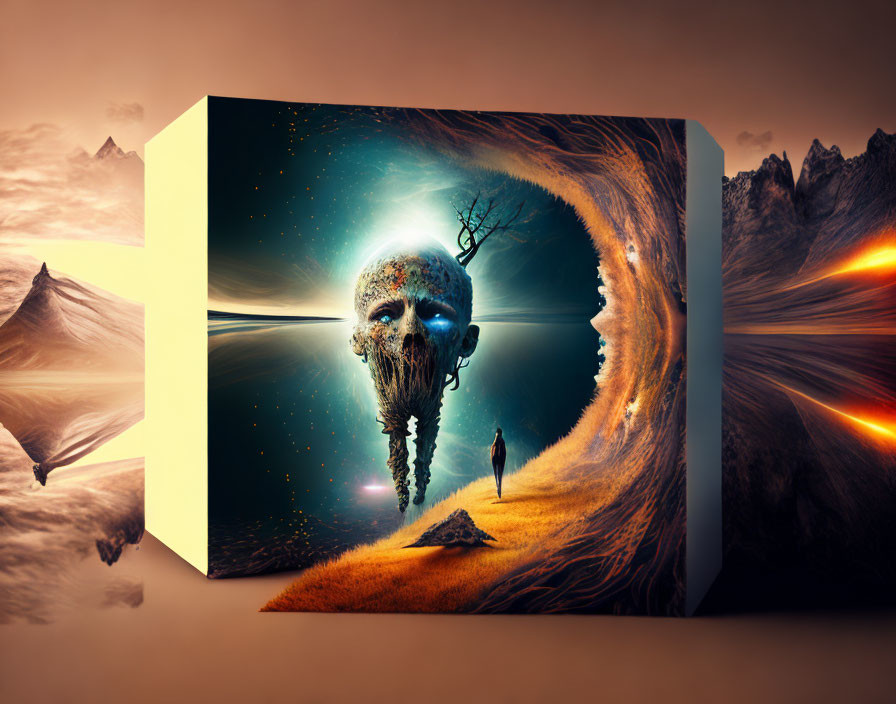 Surreal 3D Artwork: Human silhouette, giant head, tree, contrasting landscapes