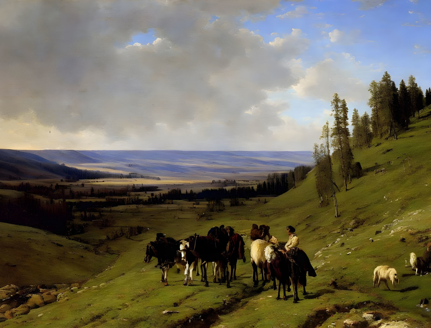 Pastoral landscape with people on horseback and sheep in rolling hills