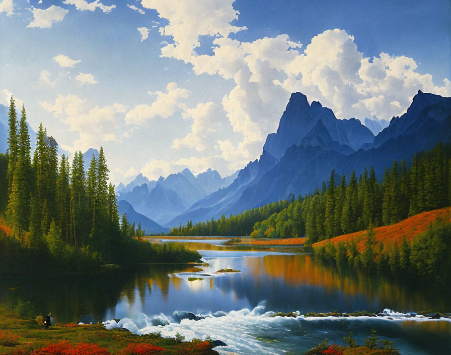 Tranquil landscape painting: river, forest, mountains, blue sky