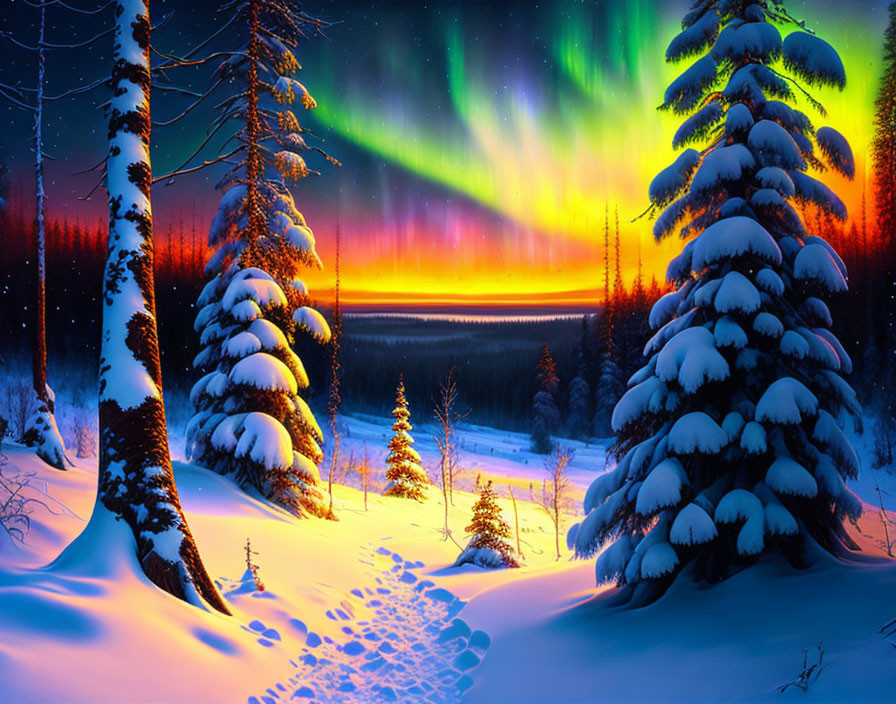 Snow-covered forest under vivid aurora borealis