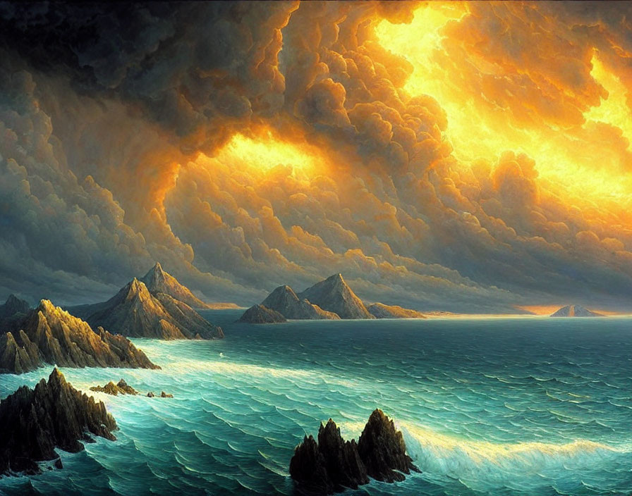 Turbulent Ocean Waves and Fiery Sky in Dramatic Seascape