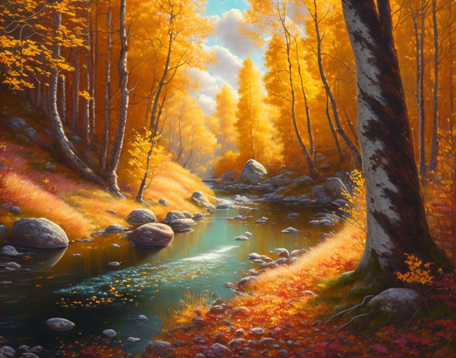 Vibrant Autumnal Scene: Orange & Yellow Foliage, Tranquil Stream, Sunlight