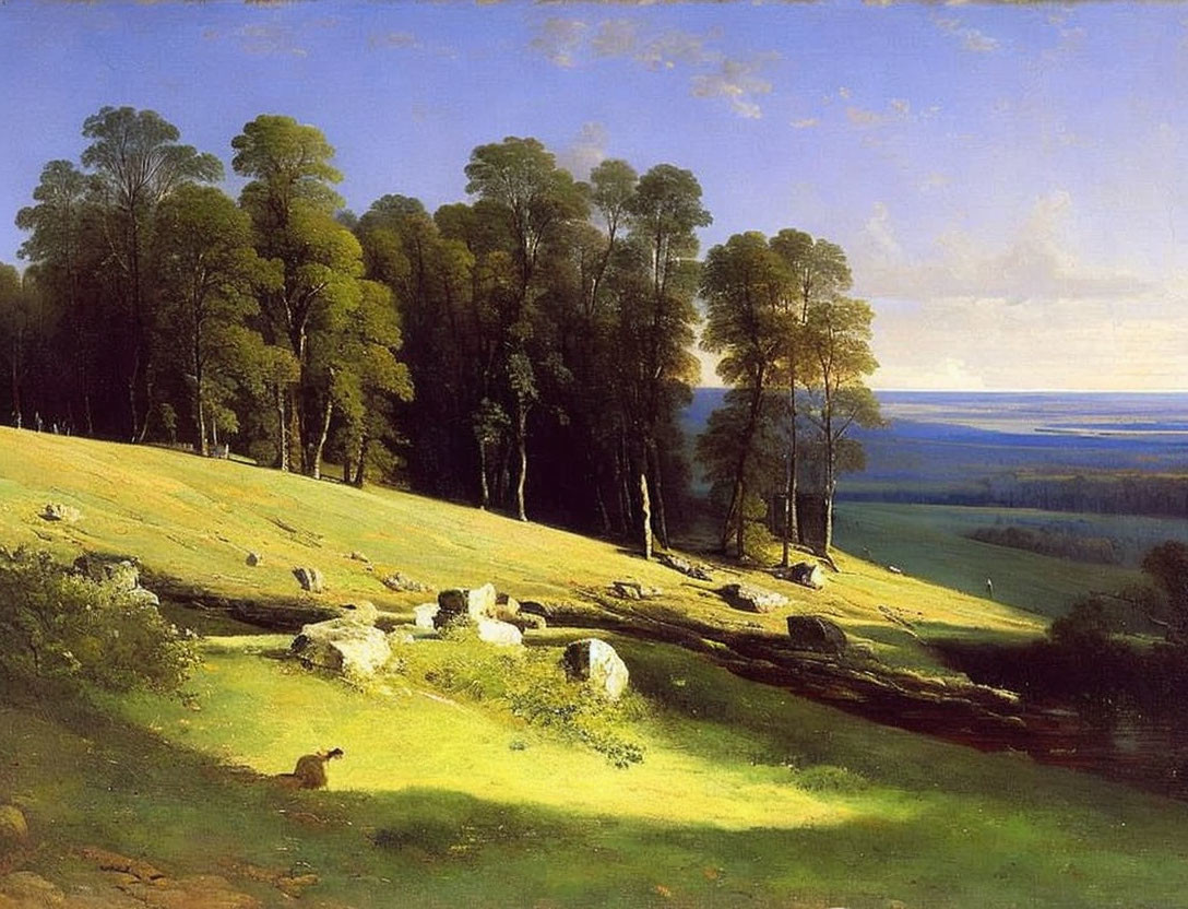 Sunlit Hill Landscape Painting with Trees and Fields Under Clear Sky