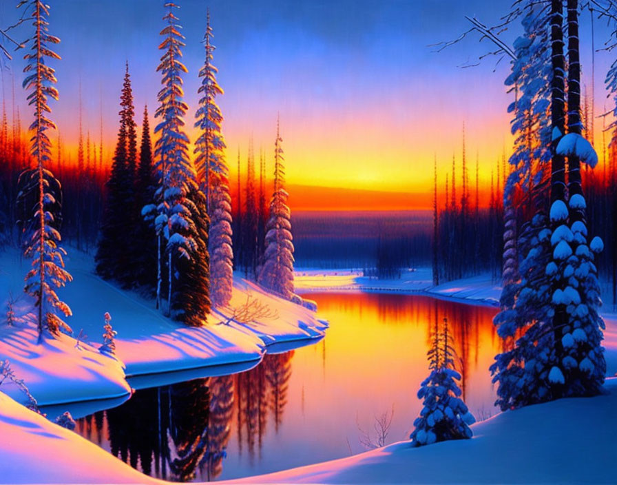 Winter sunset over snow-covered forest and river in orange and blue hues